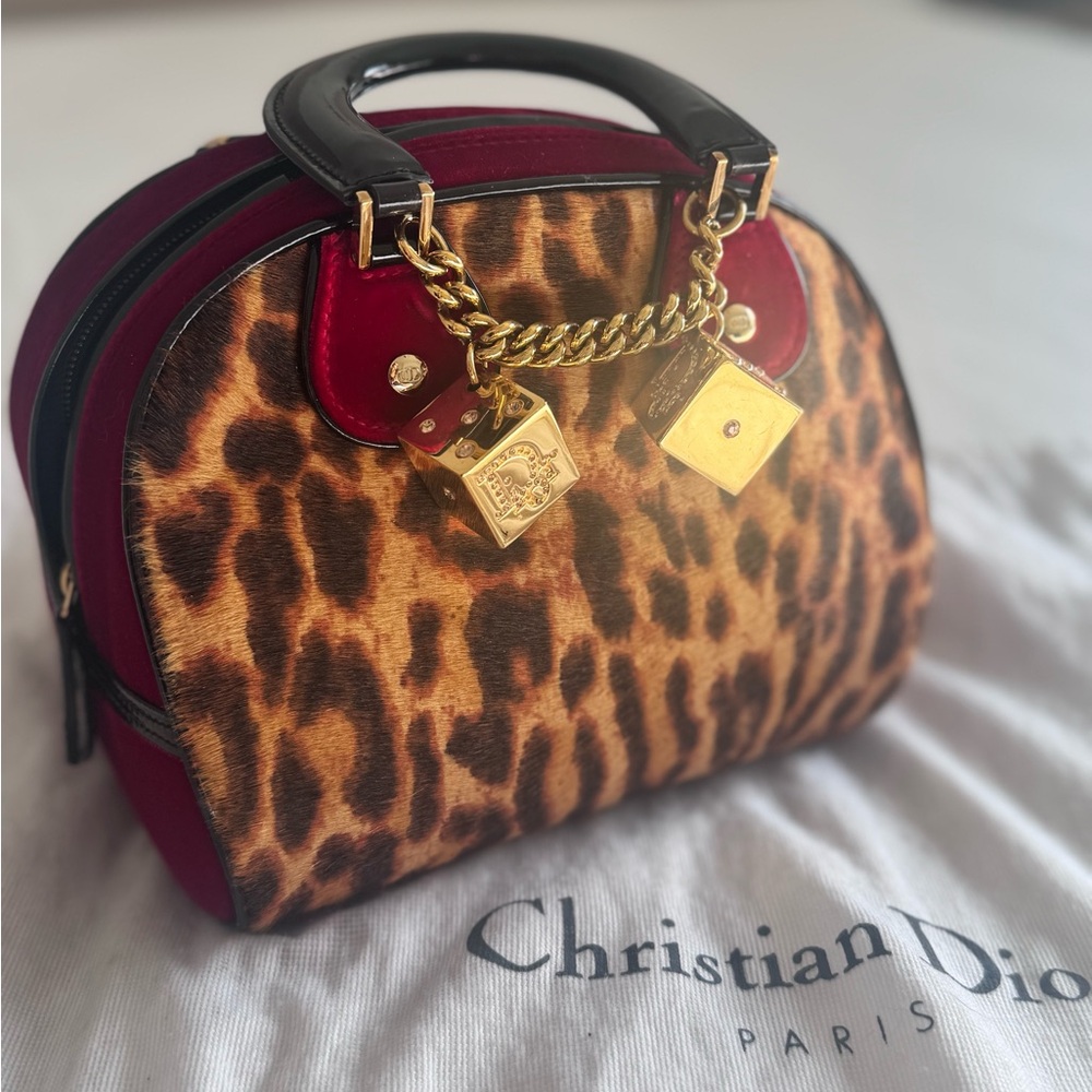 Christian Dior John Galliano Leopard Print Bowler Bag Cheetah Dice Purse - Picture 5 of 11